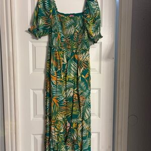 Betsey Johnson Green and Orange Leaf Print Maxi Dress